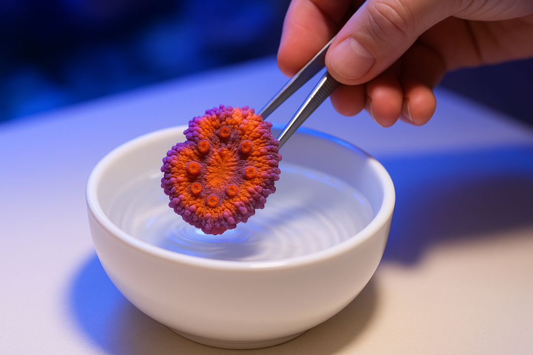 Coral frag getting dipped in a white bowl